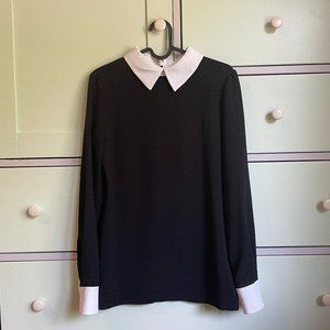 NWOT DKNY Women Classic Long Sleeve Black Blouse with White Collar and Cuff, XP